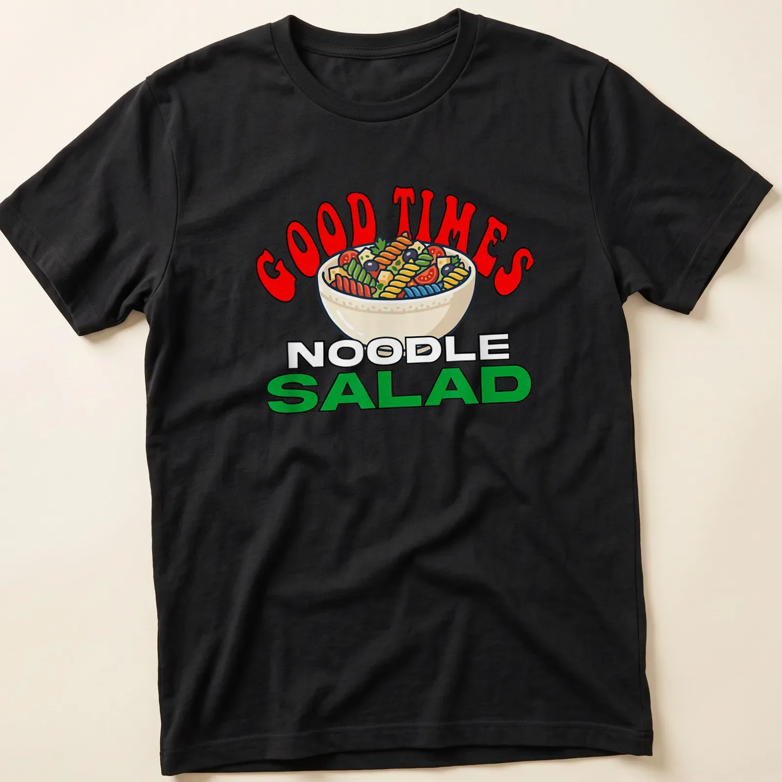 Colorful cartoon print of a bowl of noodle salad with text "GOOD TIMES NOODLE SALAD" — printed on a unisex t-shirt