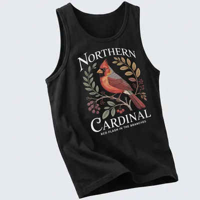 Illustrative Northern Cardinal perched in branches with red, green, and brown hues. — printed on a tank top