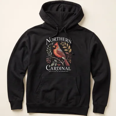 Illustrative Northern Cardinal perched in branches with red, green, and brown hues. — printed on a unisex hoodie