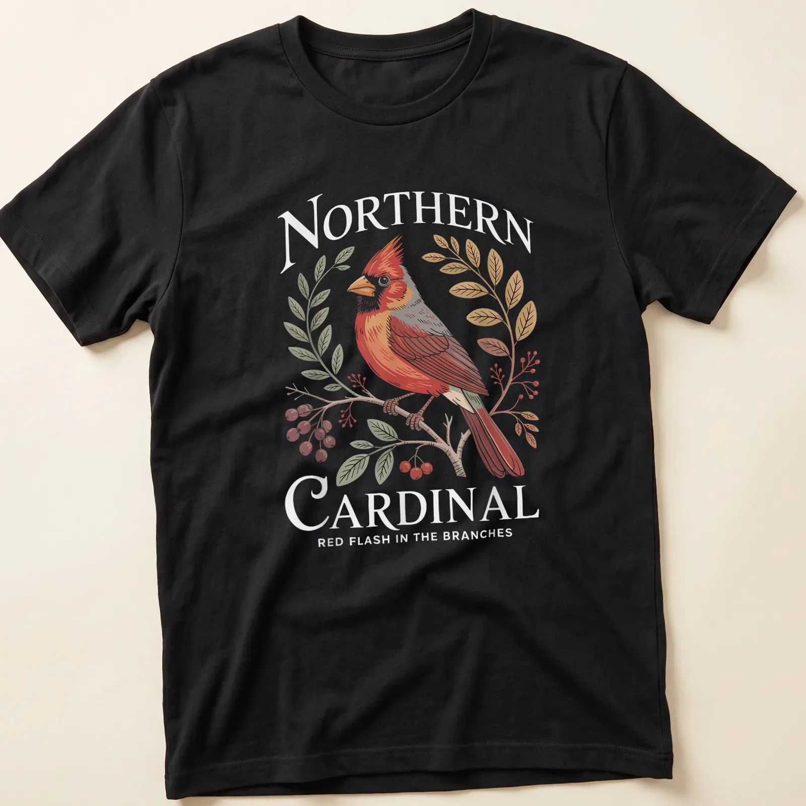 Illustrative Northern Cardinal perched in branches with red, green, and brown hues. — printed on a unisex t-shirt