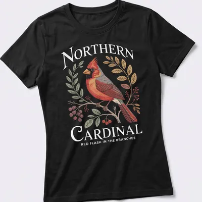 Illustrative Northern Cardinal perched in branches with red, green, and brown hues. — printed on a women's shirt