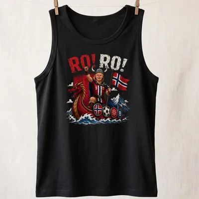 Cartoonish Norwegian soccer striker in Viking attire with RO! RO! text — printed on a tank top