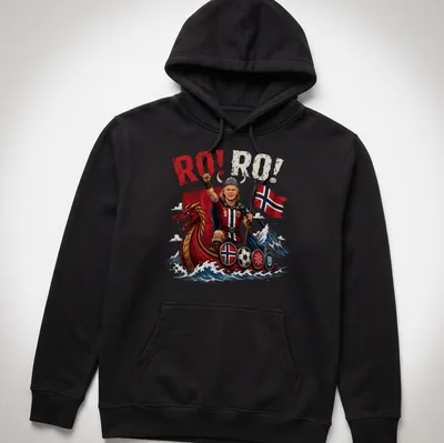 Cartoonish Norwegian soccer striker in Viking attire with RO! RO! text — printed on a unisex hoodie