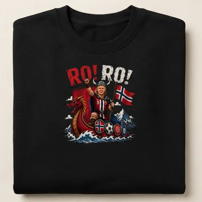 Cartoonish Norwegian soccer striker in Viking attire with RO! RO! text — printed on a unisex sweatshirt