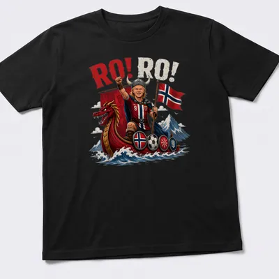 Cartoonish Norwegian soccer striker in Viking attire with RO! RO! text