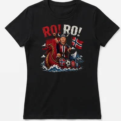 Cartoonish Norwegian soccer striker in Viking attire with RO! RO! text — printed on a women's shirt