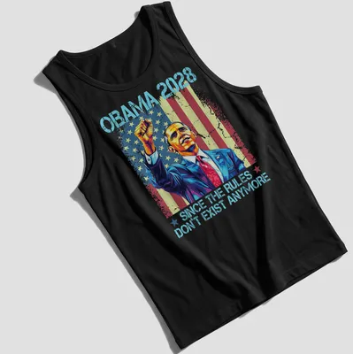 Vibrant pop art of Barack Obama with playful text about 2028. — printed on a tank top