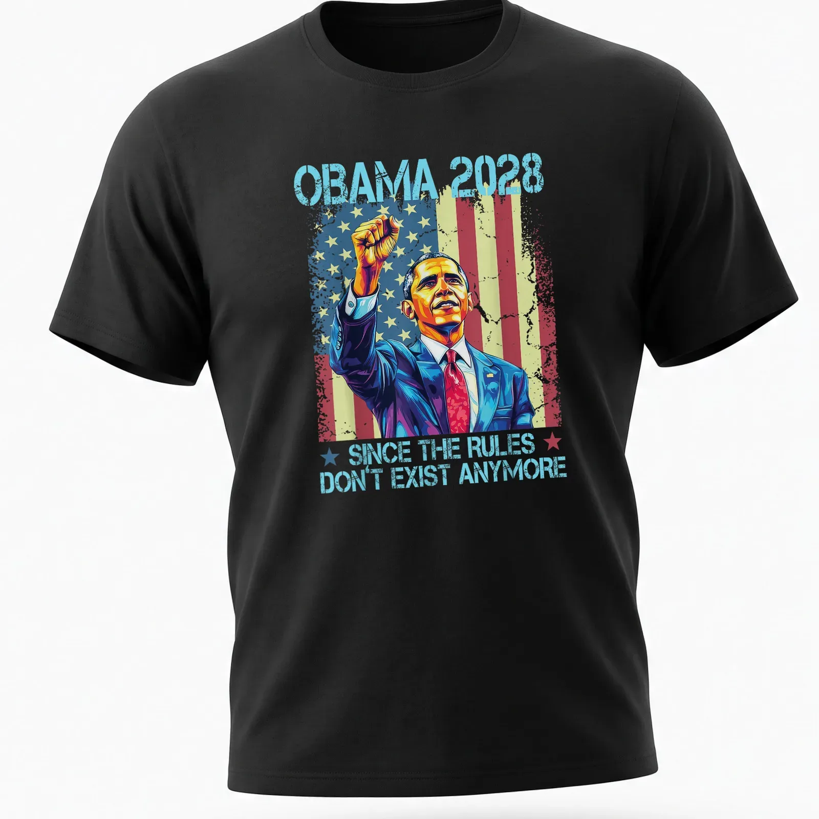 Vibrant pop art of Barack Obama with playful text about 2028. — printed on a unisex t-shirt