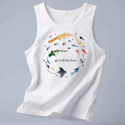 Watercolor print of ocean animals with the phrase 'go with the flow' in vibrant colors — printed on a tank top