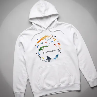 Watercolor print of ocean animals with the phrase 'go with the flow' in vibrant colors — printed on a unisex hoodie