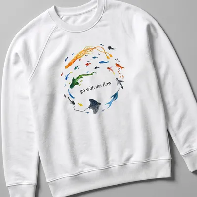 Watercolor print of ocean animals with the phrase 'go with the flow' in vibrant colors — printed on a unisex sweatshirt