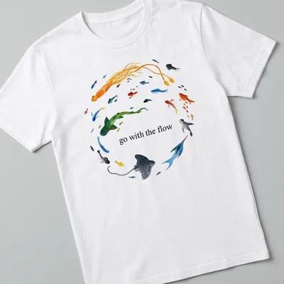 Watercolor print of ocean animals with the phrase 'go with the flow' in vibrant colors