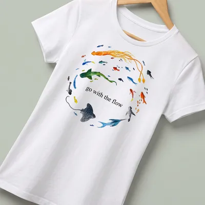 Watercolor print of ocean animals with the phrase 'go with the flow' in vibrant colors — printed on a women's shirt