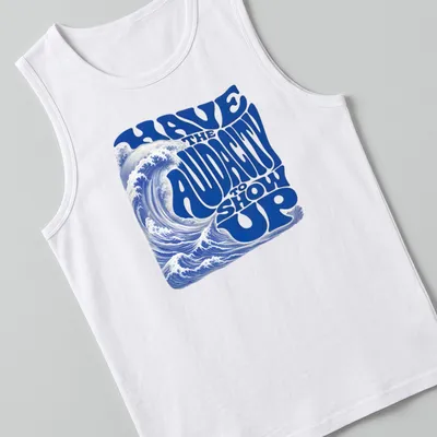 Retro wave design featuring an ocean wave and bold motivational text. — printed on a tank top