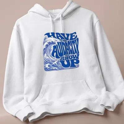 Retro wave design featuring an ocean wave and bold motivational text. — printed on a unisex hoodie