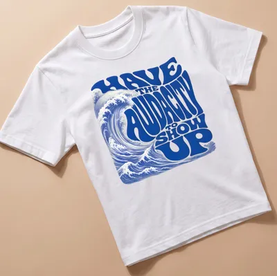 Retro wave design featuring an ocean wave and bold motivational text.