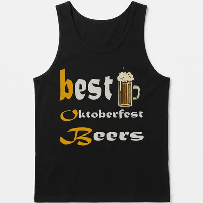 Cartoon beer mug with the text best Oktoberfest Beers in orange, white, and yellow. — printed on a tank top