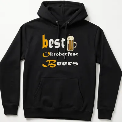 Cartoon beer mug with the text best Oktoberfest Beers in orange, white, and yellow. — printed on a unisex hoodie