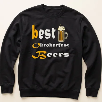 Cartoon beer mug with the text best Oktoberfest Beers in orange, white, and yellow. — printed on a unisex sweatshirt
