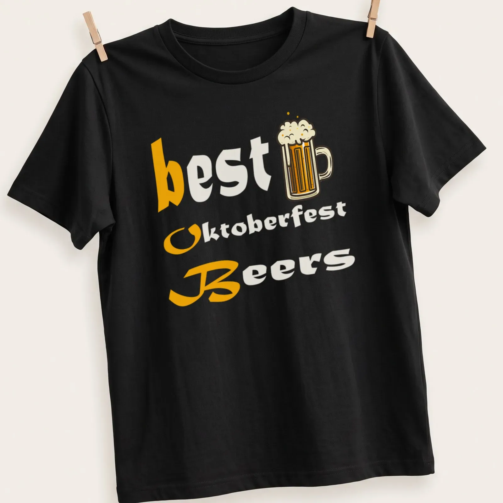 Cartoon beer mug with the text best Oktoberfest Beers in orange, white, and yellow. — printed on a unisex t-shirt