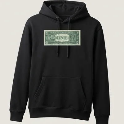 Realistic print of a One Dollar Bill with the text 'IN GOD WE TRUST ONE ONE DOLLAR' — printed on a unisex hoodie