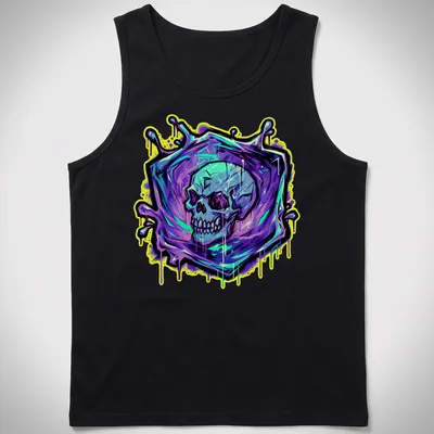 Graffiti style illustration of a skull in purple, cyan, yellow, green, and black — printed on a tank top