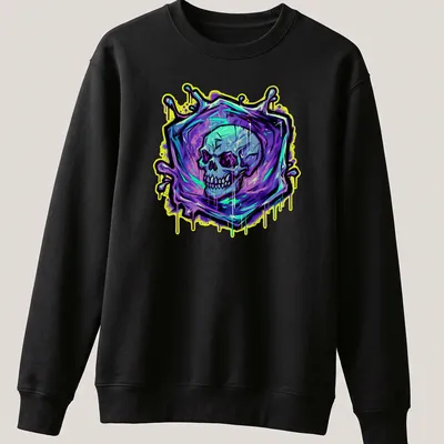 Graffiti style illustration of a skull in purple, cyan, yellow, green, and black — printed on a unisex sweatshirt