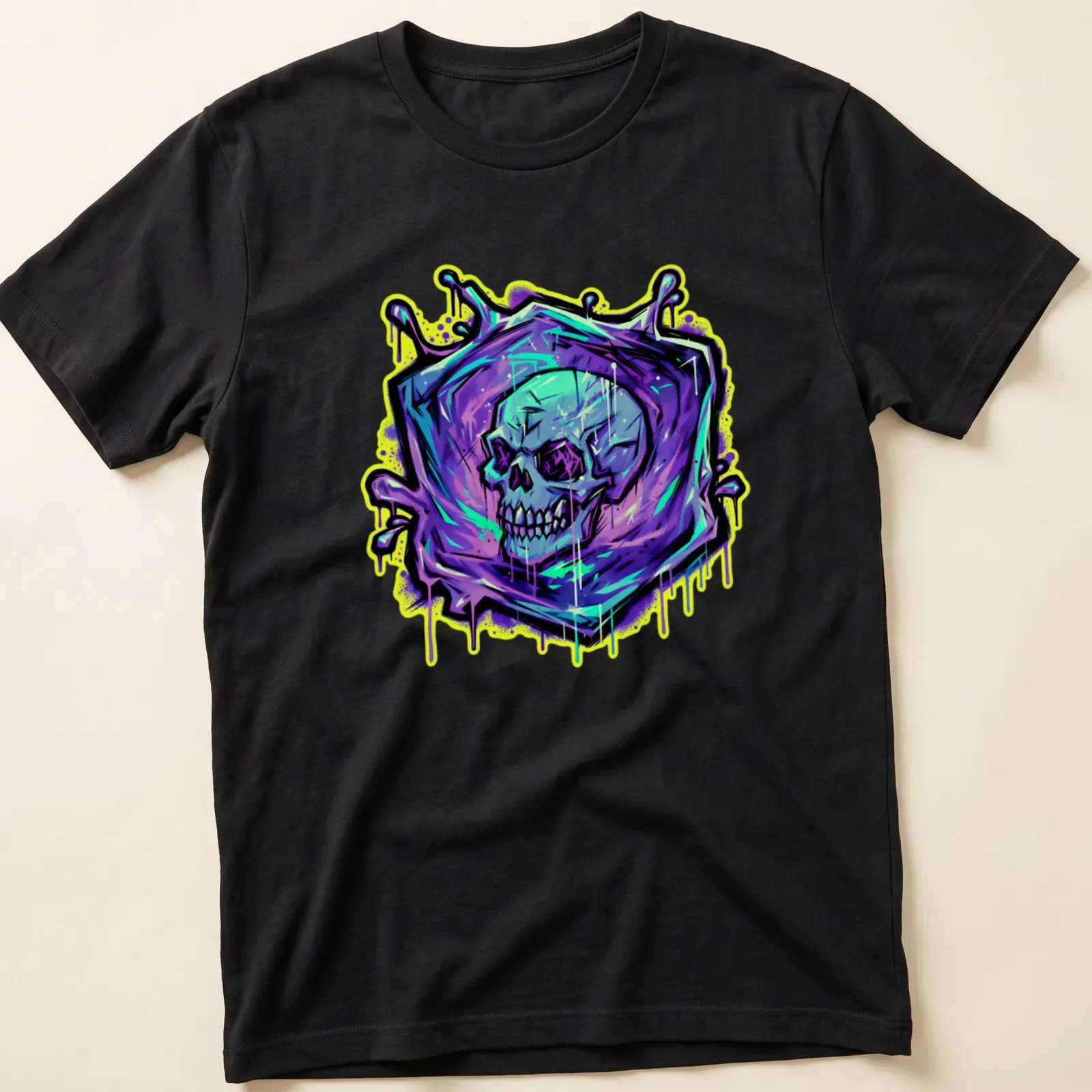 Graffiti style illustration of a skull in purple, cyan, yellow, green, and black — printed on a unisex t-shirt