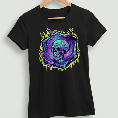 Graffiti style illustration of a skull in purple, cyan, yellow, green, and black — printed on a women's shirt