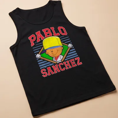 Cartoon graphic of Pablo Sanchez with vibrant text in yellow, red, green, and blue — printed on a tank top