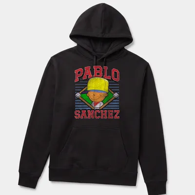 Cartoon graphic of Pablo Sanchez with vibrant text in yellow, red, green, and blue — printed on a unisex hoodie