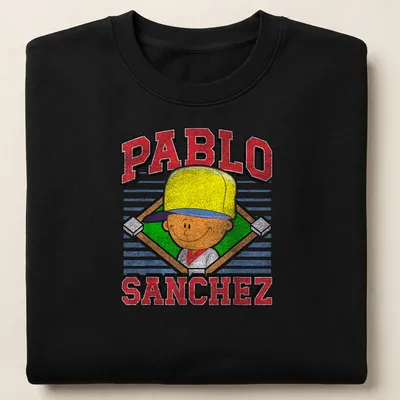 Cartoon graphic of Pablo Sanchez with vibrant text in yellow, red, green, and blue — printed on a unisex sweatshirt