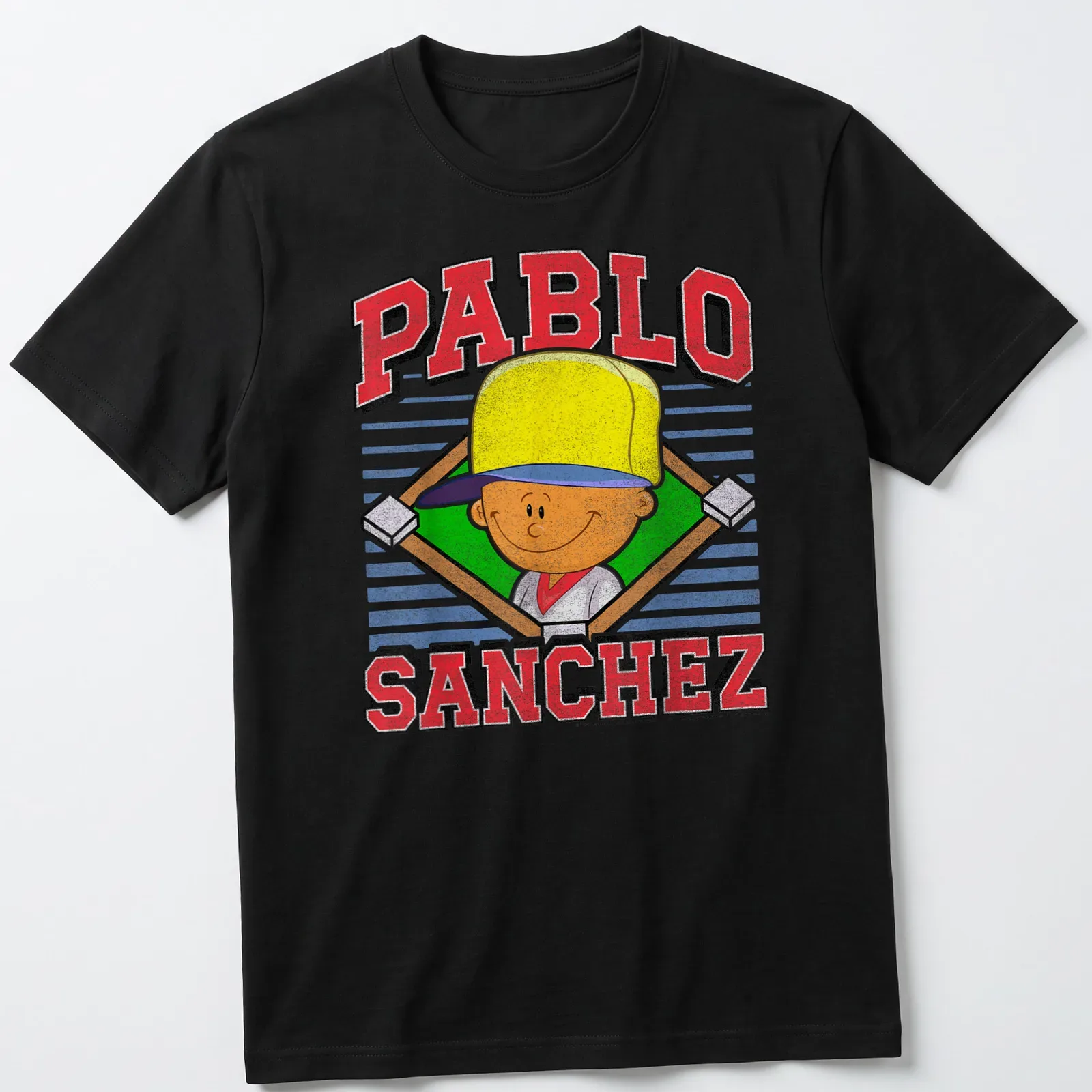 Cartoon graphic of Pablo Sanchez with vibrant text in yellow, red, green, and blue — printed on a unisex t-shirt