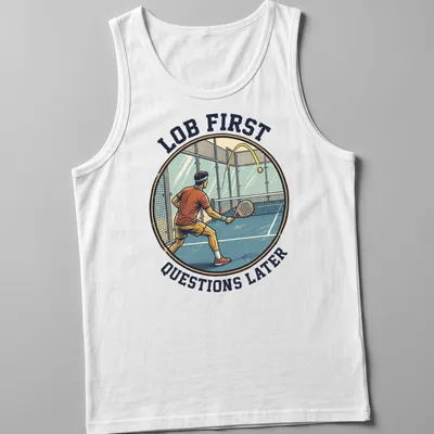 Retro T-shirt with a padel player graphic and humorous text about lob shots — printed on a tank top