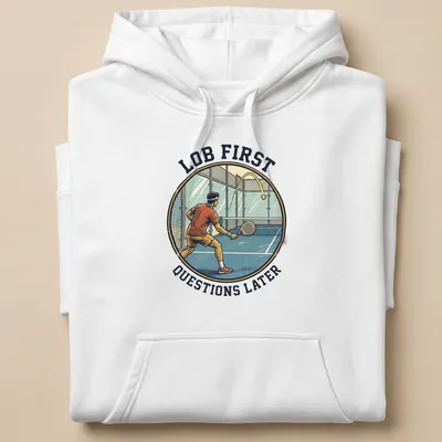 Retro T-shirt with a padel player graphic and humorous text about lob shots — printed on a unisex hoodie