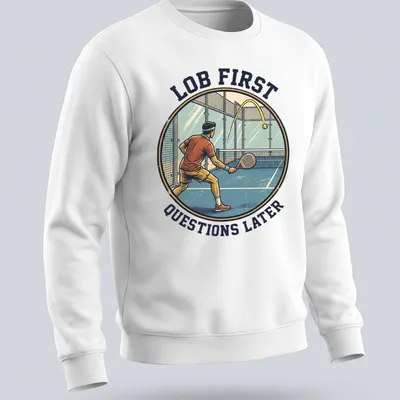 Retro T-shirt with a padel player graphic and humorous text about lob shots — printed on a unisex sweatshirt