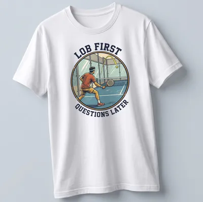 Retro T-shirt with a padel player graphic and humorous text about lob shots