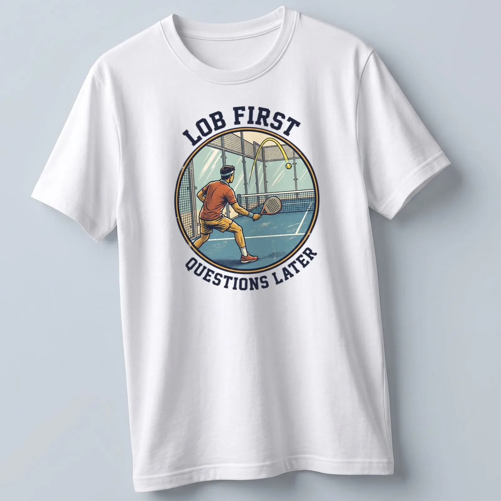 Retro T-shirt with a padel player graphic and humorous text about lob shots — printed on a unisex t-shirt