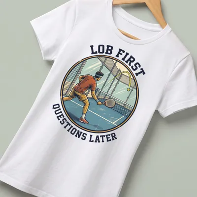 Retro T-shirt with a padel player graphic and humorous text about lob shots — printed on a women's shirt
