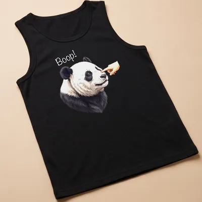 Realistic panda face with the word Boop! printed below in playful text — printed on a tank top