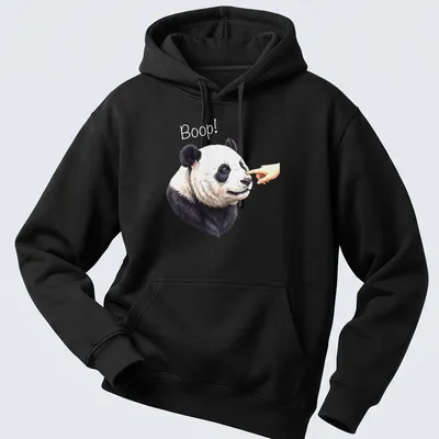 Realistic panda face with the word Boop! printed below in playful text — printed on a unisex hoodie