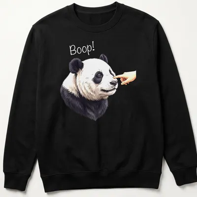 Realistic panda face with the word Boop! printed below in playful text — printed on a unisex sweatshirt
