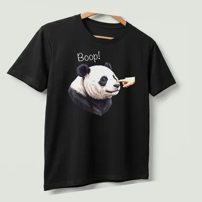 Realistic panda face with the word Boop! printed below in playful text — printed on a unisex t-shirt (angled view)
