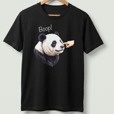 Realistic panda face with the word Boop! printed below in playful text