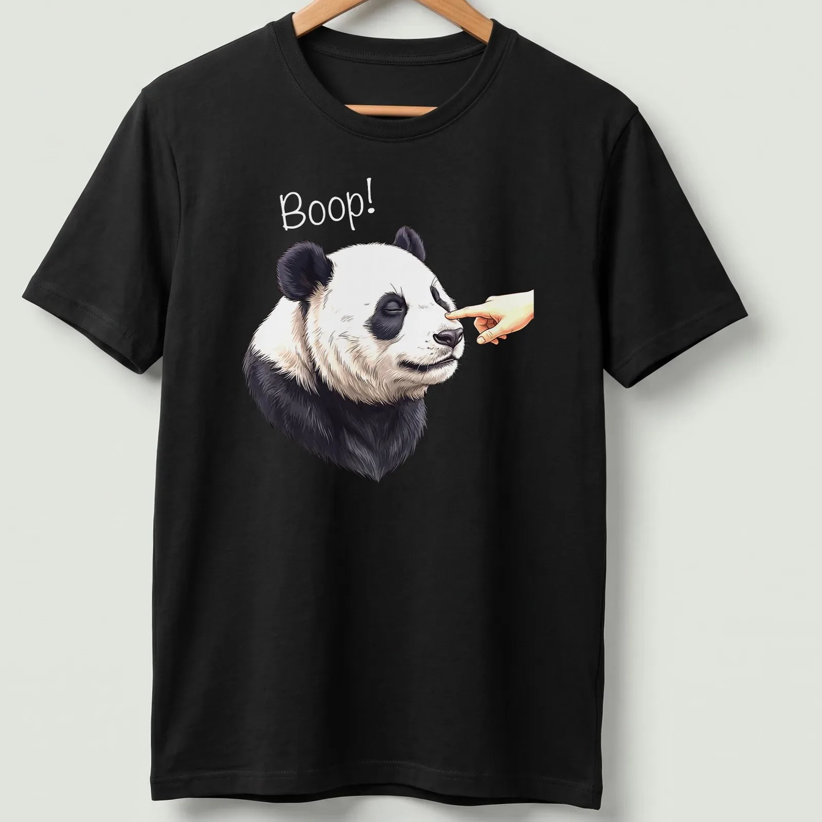 Realistic panda face with the word Boop! printed below in playful text — printed on a unisex t-shirt