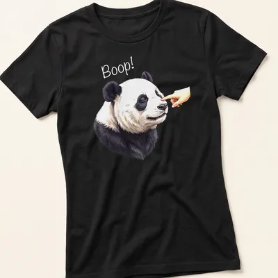 Realistic panda face with the word Boop! printed below in playful text — printed on a women's shirt