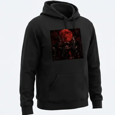 Illustration of Papa Legba and Sir Tank sharing tea in dark fantasy style — printed on a unisex hoodie