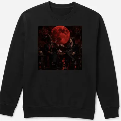 Illustration of Papa Legba and Sir Tank sharing tea in dark fantasy style — printed on a unisex sweatshirt
