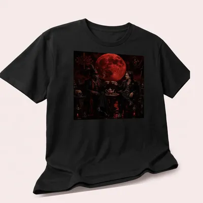 Illustration of Papa Legba and Sir Tank sharing tea in dark fantasy style — printed on a unisex t-shirt (angled view)