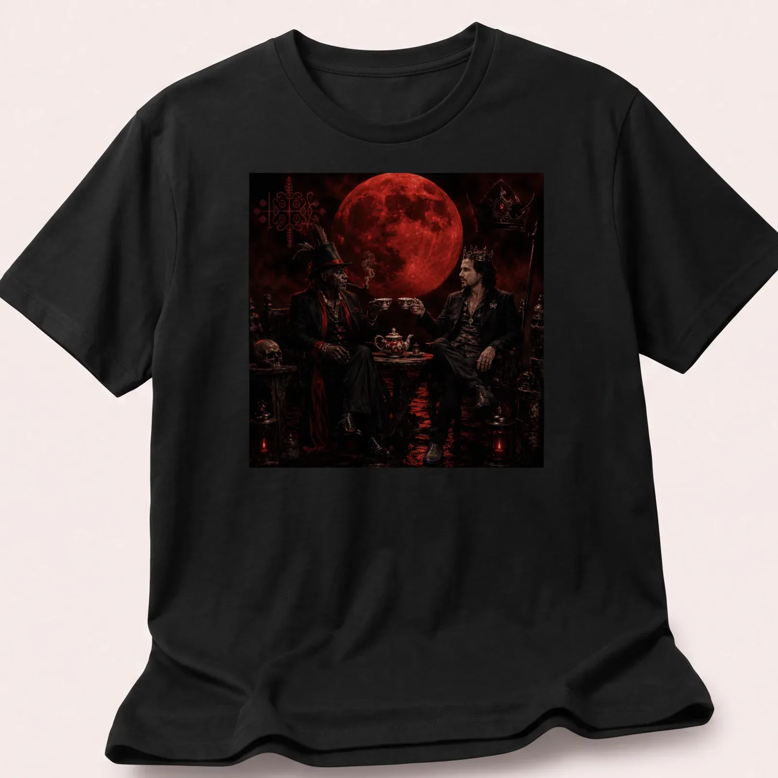 Illustration of Papa Legba and Sir Tank sharing tea in dark fantasy style — printed on a unisex t-shirt